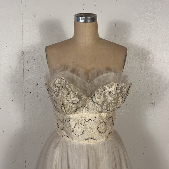 Vintage 50s Accordion Pleat Midi Dress Lace & Beaded Ruffle Medium - Picture 2 of 9